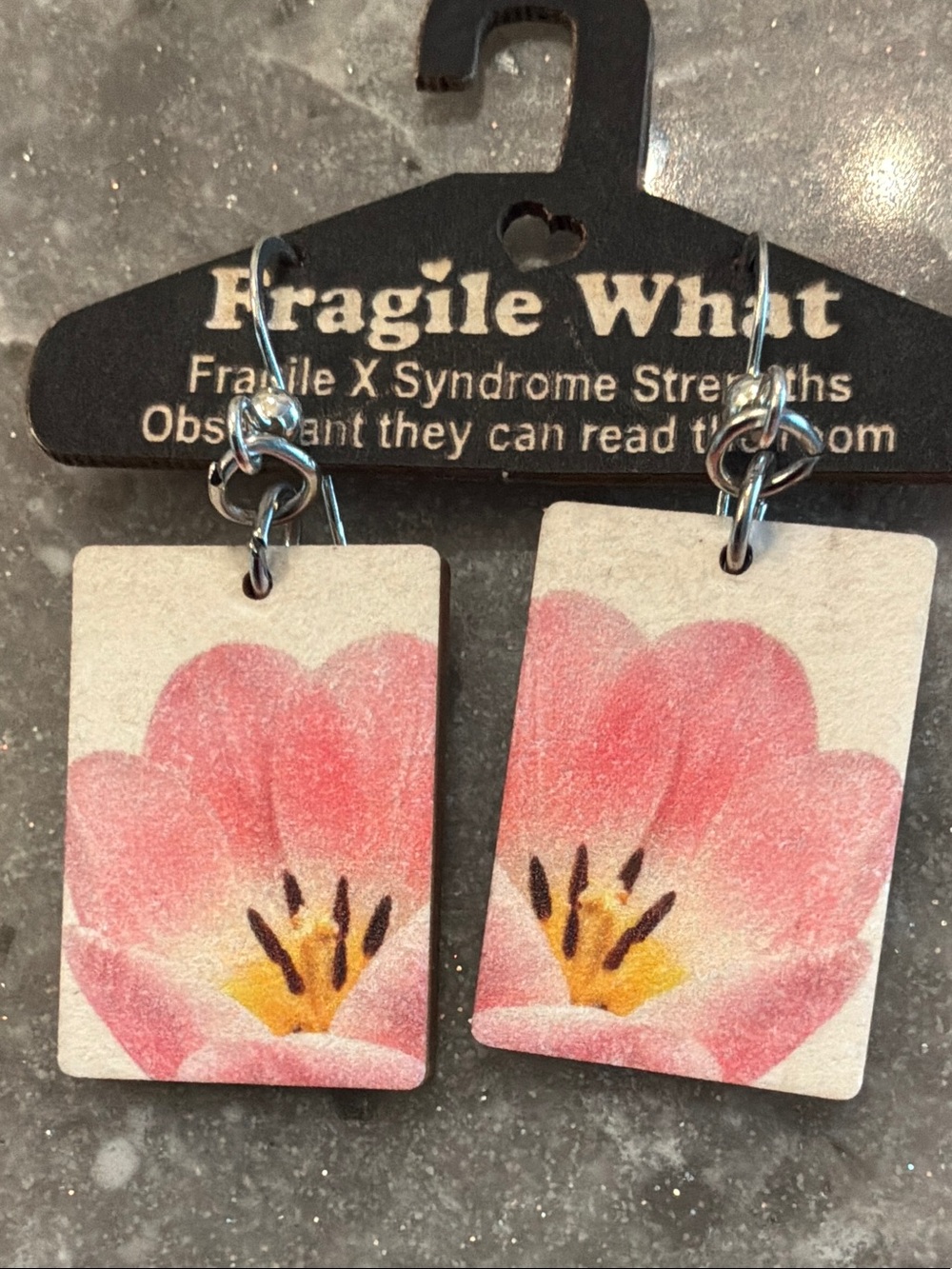 Fragile What Pink Floral Rectangle Drop Earrings